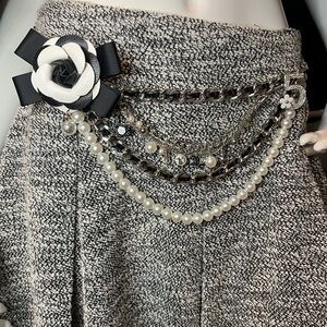 Pearl & Chain Decorative Belt with Black White Camellia Accent Handmade.